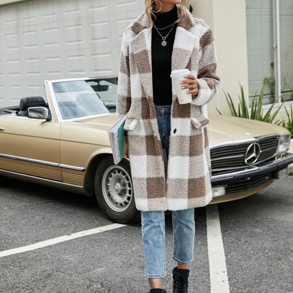 buffalo plaid teddy trench pea coat jacket khaki - Picture 9 of 11